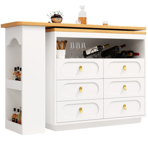 360 Rotating Bar Table Main Body 137 X 39 X 90 Cm, Coffee Bar Furniture, Rotating Dining Bar With Storage, Kitchen Island, With Spice Rack, Six Drawers, Open Storage Space, White
