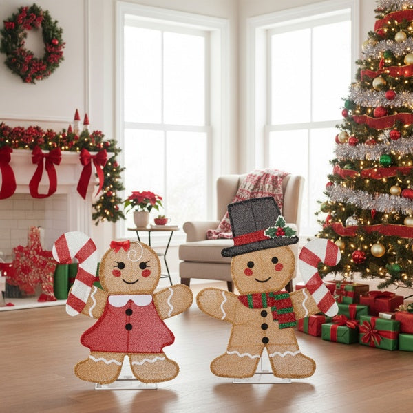Set Of 2 Lighted Gingerbread Man And Candy Cane Christmas Decorations, Pre-lit 2D Holiday Decor With 80 Warm White LED Lights For Xmas Outdoor Indoor Decor Lighted Holiday Displays
