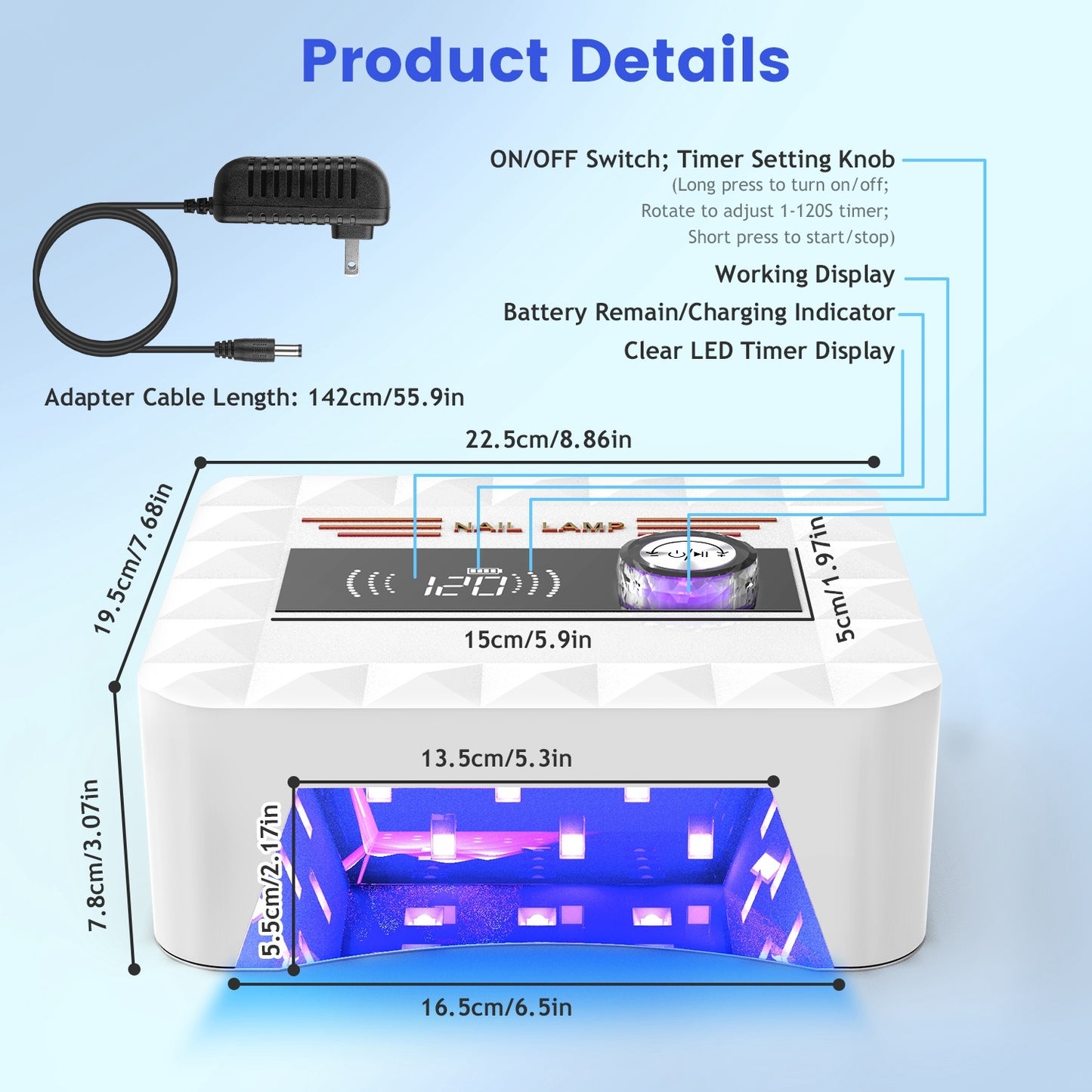 1Pc 120W Cordless UV Nail Lamp Rechargeable Gel Curing Lamp Gel Polish Light Nail Dryer With LED Display 1S To 120S Timer Settings 30 LED Beads For Salon And Home