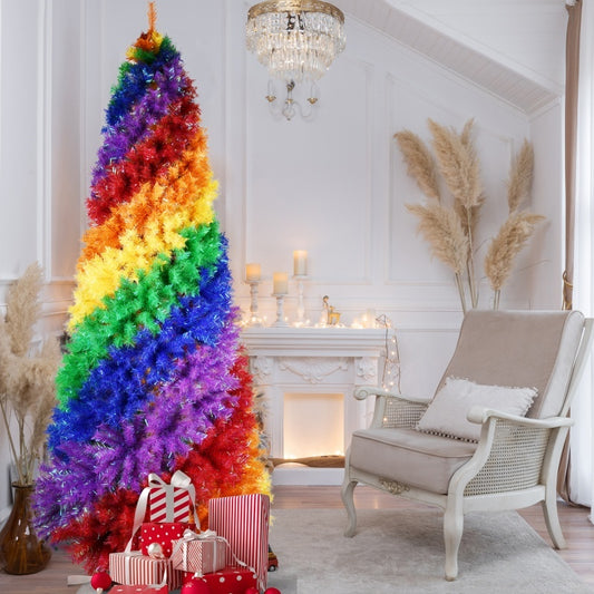 6FT 7.5FT Artificial Colorful Rainbow Christmas Tree, Hinged Xmas Tree With PVC Branch Tips