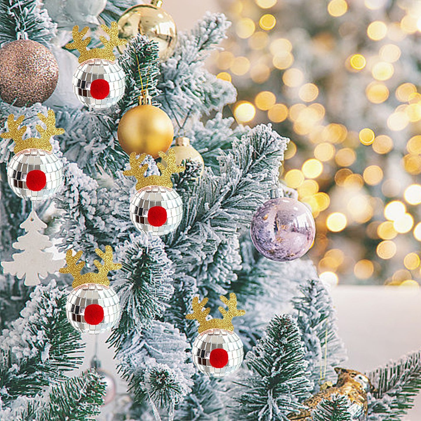 5 Pcs Christmas Silver Disco Mirror Ball With Rope Reflective Mirror Ball Hanging Bright Elk Horns Xmas Ball Ornament For Christmas Tree Birthday Wedding Party Dance Music Festivals Decor Supplies