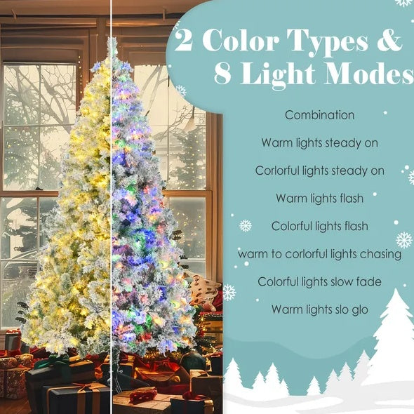 6FT Snow Flocked Christmas Tree Pre Lit Set With Tree Garland Wreath,Artificial Hinged Xmas Tree With Colorful LED Lights8 Lighting Modes, Pine Cones