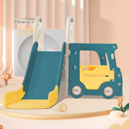 Children's Slide. 4-in-1 Kids Slide Set Including Bus, Slide, Activity Ladder, Basketball Hoop And Matching Basketball. Made Of High Density Polyethylene.