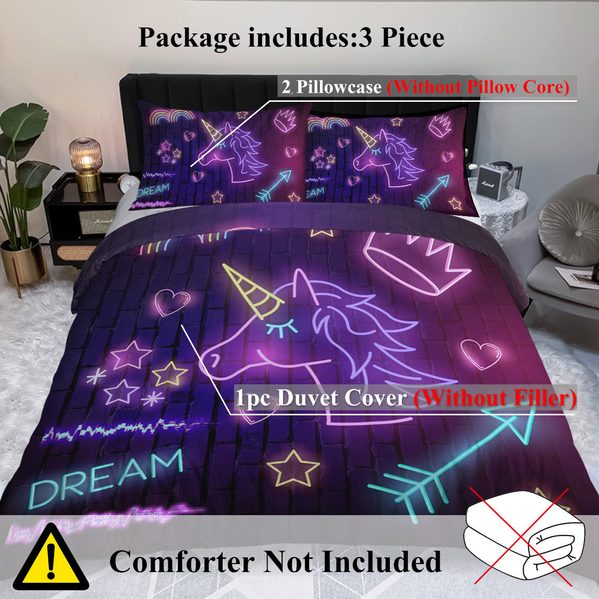 Star Bedding Neon Pattern 3 Piece Black Duvet Cover Set