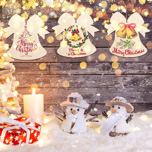 20PCS Christmas Wooden Hanging Ornaments DIY Blank Unfinished Wood Crafts Xmas Bell Tree Gift Shaped Hanging Decorations For Christmas Wedding Birtday Party Decor
