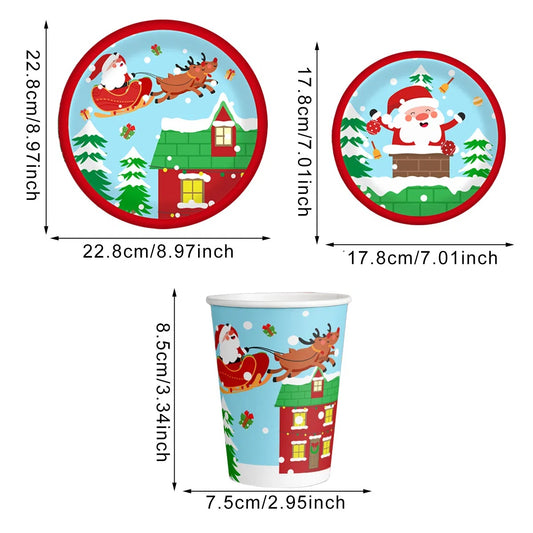 30Pcs Christmas Party Tableware Set 7 And 9 Inch Elk Claus Paper Plates 3.5 Inch Paper Cup Cute Xmas Disposable Cups For Xmas Holiday Dinner Supplies