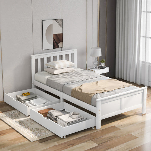 Wooden Solid White Pine Storage Bed With Drawers Bed Furniture Frame For Adults, Kids, Teenagers 3ft Single White 190x90cm