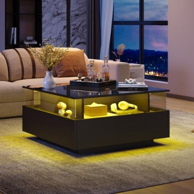 Coffee Table With Storage For Living Room, Modern LED Coffee Table, Square Tea Table With 2 Sliding Drawers Wood Center Table Acrylic Glass Coffee Table