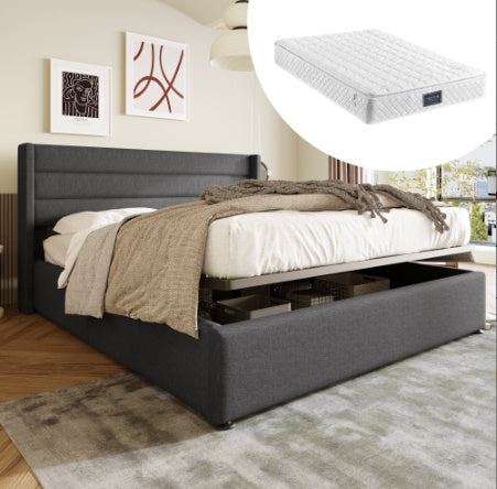 Linen Bed With Metal Frame Panels