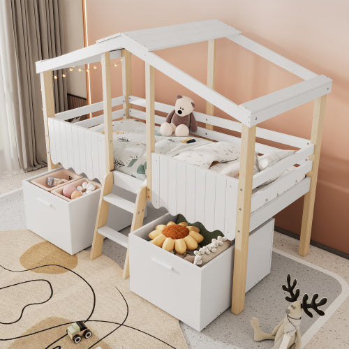 Wooden Bed, Storage Bed , Children's Bed, 3ft Single Bed 90x190cm, Safety Guardrail, Two Storage Boxes With Wheels, Imitation Roof Shape, Pine Wood  Particle Board, WhiteNatural
