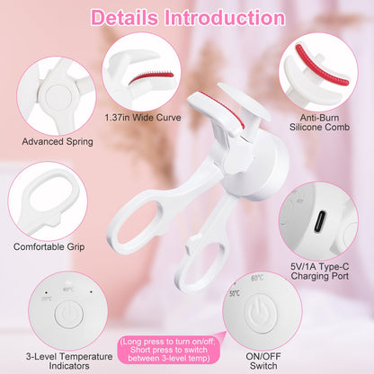 2Pcs Heated Eyelash Curler Electric USB Rechargeable Eyelash Curler Anti Burn Compact With Comb Heat Up Fast Within 8S For All Eye Shapes For Women Make Up Gift Travel Valentine Mother Day