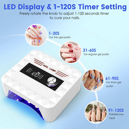 1Pc 120W Cordless UV Nail Lamp Rechargeable Gel Curing Lamp Gel Polish Light Nail Dryer With LED Display 1S To 120S Timer Settings 30 LED Beads For Salon And Home