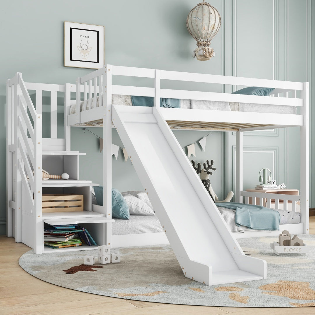 Bunk Bed With Stairs And Slide, Solid Pine Wood Frame, Children Bed, Storage Stairs, 90x190cm, White