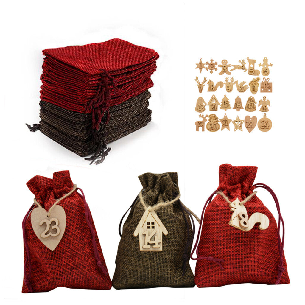 24 Pieces Christmas Advent Calendar Bags With Clips And String -Festive DIY Countdown Gift Bags For Candies, Toys And Holiday Decorations, Numbered From 1 To 24, Featuring Santa, Snowmen And Gingerbr