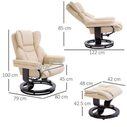 HOMCOM 360 Swivel Recliner Chair With Footstool, PU Leather Manual Recliner Armchair With Solid Wood Base, Upholstered Reclining Chair For Living Room, Bedroom, Office, Cream