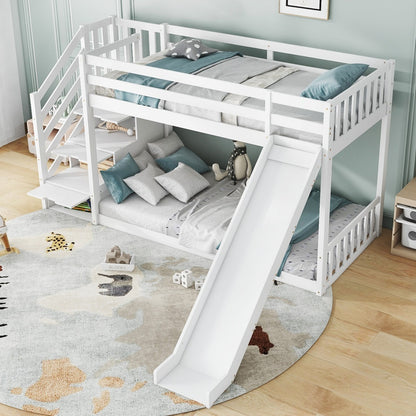 Bunk Bed With Stairs And Slide, Solid Pine Wood Frame, Children Bed, Storage Stairs, 90x190cm, White