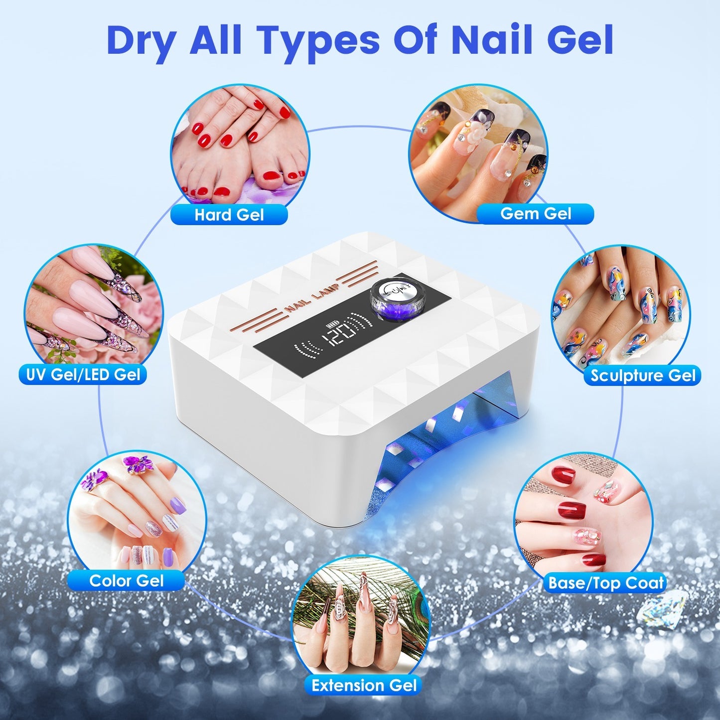 1Pc 120W Cordless UV Nail Lamp Rechargeable Gel Curing Lamp Gel Polish Light Nail Dryer With LED Display 1S To 120S Timer Settings 30 LED Beads For Salon And Home