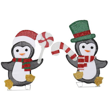 Set Of 2 Lighted Penguin And Candy Cane Christmas Decorations, Pre-lit 2D Holiday Decor With 80 Warm White LED Lights For Xmas Outdoor Indoor Decor Lighted Holiday Displays