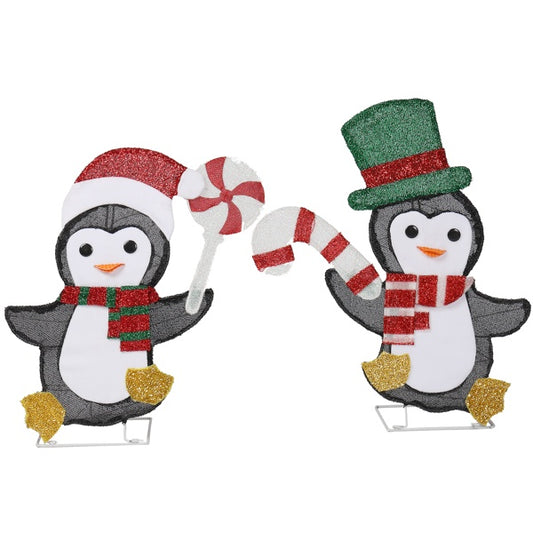 Set Of 2 Lighted Penguin And Candy Cane Christmas Decorations, Pre-lit 2D Holiday Decor With 80 Warm White LED Lights For Xmas Outdoor Indoor Decor Lighted Holiday Displays