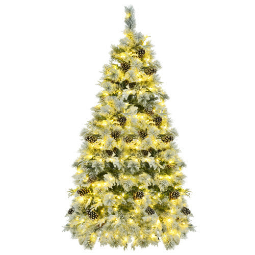 6FT Pre-Lit Spruce Snow Flocked Christmas Tree With Pine Cones, Artificial Xmas Tree With 403 Branch Tips,Mixed PE  PVC Branches, 250 Multi-Color LED Lights, 11 Flashing Modes, Holiday Decor