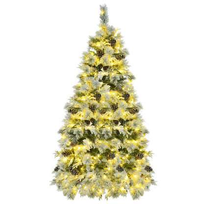 6FT Pre-Lit Spruce Snow Flocked Christmas Tree With Pine Cones, Artificial Xmas Tree With 403 Branch Tips,Mixed PE  PVC Branches, 250 Multi-Color LED Lights, 11 Flashing Modes, Holiday Decor