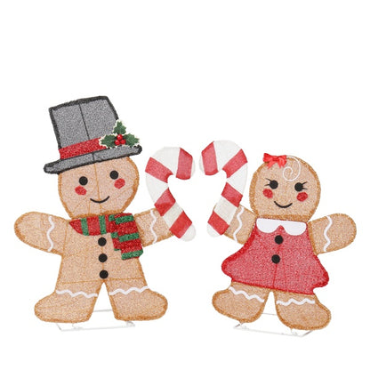 Set Of 2 Lighted Gingerbread Man And Candy Cane Christmas Decorations, Pre-lit 2D Holiday Decor With 80 Warm White LED Lights For Xmas Outdoor Indoor Decor Lighted Holiday Displays