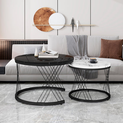 Round Coffee Table, Modern Coffee Table Set Of 2 Marble Pattern Top With Metal Frame, Small Side Table, End Table For Living Room, Bedroom, Home Office, Farmhouse, White And Black