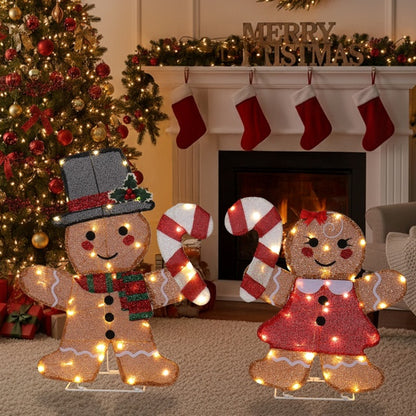 Set Of 2 Lighted Gingerbread Man And Candy Cane Christmas Decorations, Pre-lit 2D Holiday Decor With 80 Warm White LED Lights For Xmas Outdoor Indoor Decor Lighted Holiday Displays