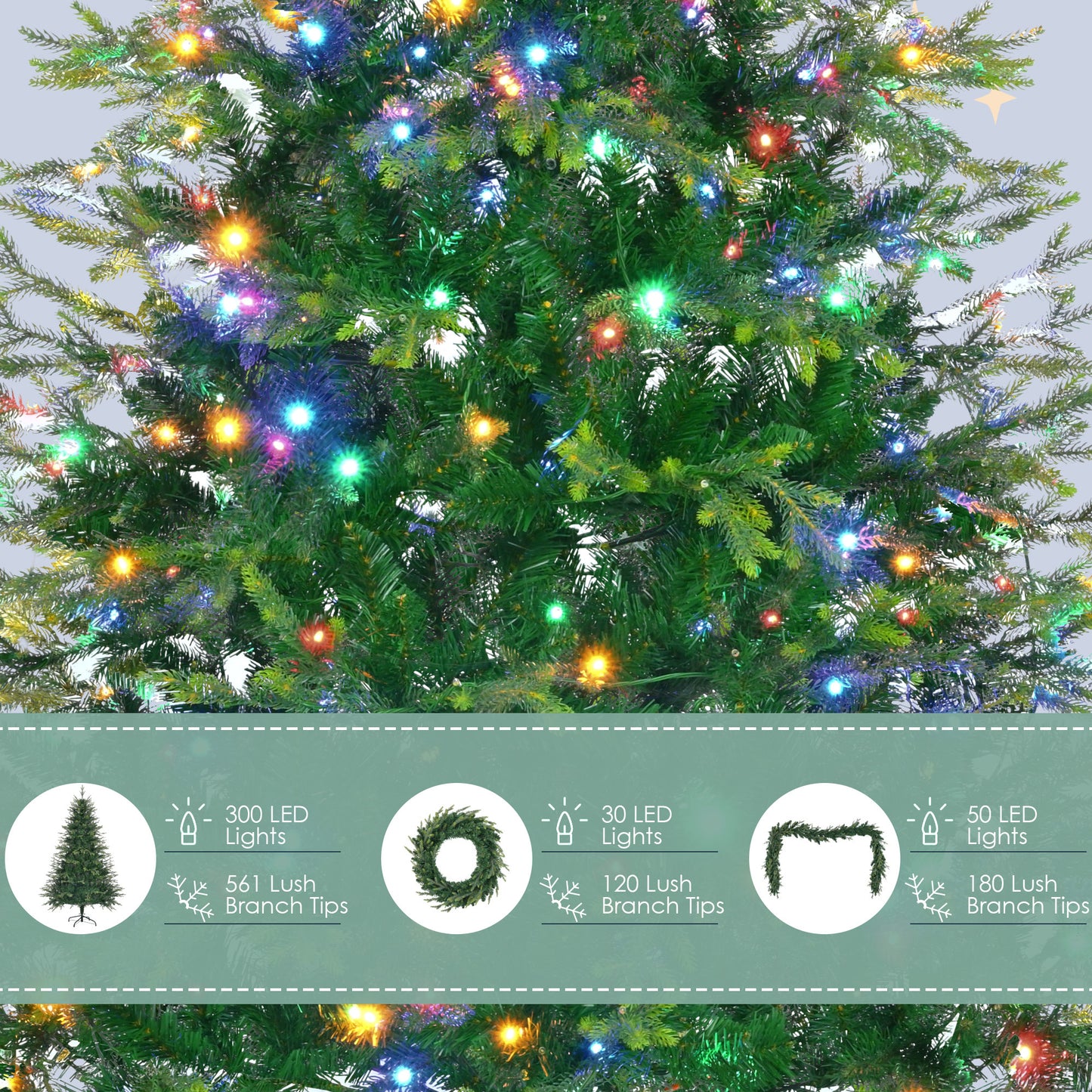 6 Feet Pre-Lit Aspen Fir Artificial Christmas Tree With Garlands And Garlands, Grass Green Christmas Tree With 380 Multi-Color LED Lights, 11 Lighting Modes, 861 PE Branch Tips