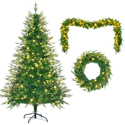 6 Feet Pre-Lit Aspen Fir Artificial Christmas Tree With Garlands And Garlands, Grass Green Christmas Tree With 380 Multi-Color LED Lights, 11 Lighting Modes, 861 PE Branch Tips