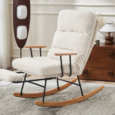 Rocking Chair, Boucle Fabric Tufted Rocking Chair, Armchair With Metal Legs And Wood Base, High Back Rocking Tub Chair With Comfortable Footrest And Adjustable Recliner For Living Room, Bedroom, White