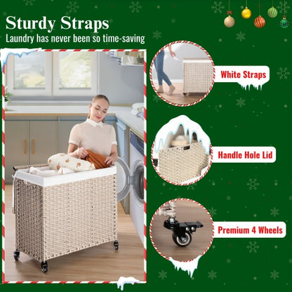 Laundry Hamper With Lid PE Rattan Powder Coating Frame Clothes Hampers With 02 Removable Bags, Wheels, 160L, Gray Color