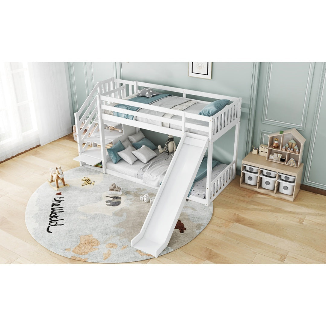 Bunk Bed With Stairs And Slide, Solid Pine Wood Frame, Children Bed, Storage Stairs, 90x190cm, White
