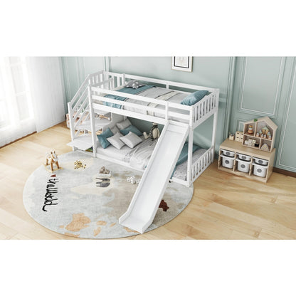 Bunk Bed With Stairs And Slide, Solid Pine Wood Frame, Children Bed, Storage Stairs, 90x190cm, White