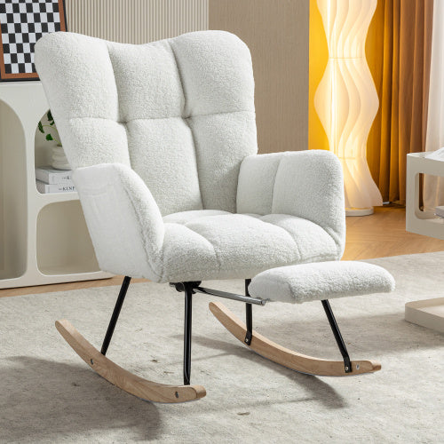New Modern Teddy Fabric Tufted Upholstered Rocking Chair With Pull-out Footrest
