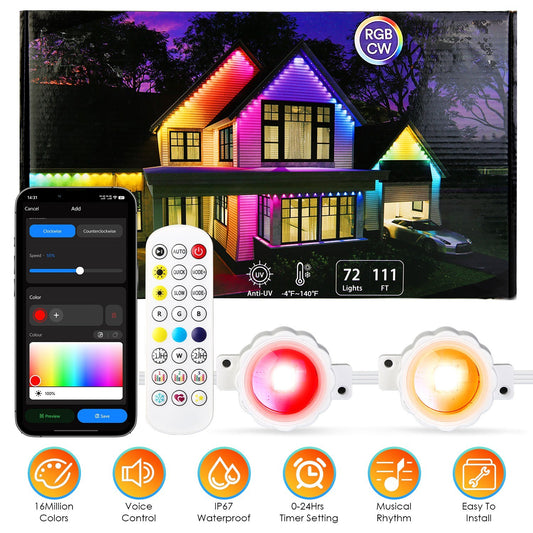 101FT Length Permanent Outdoor Lights With 72Pcs RGB Beads IP67 Waterproof Smart Eave Light For Halloween Christmas Daily House Lighting Works With Alexa Google Assistant