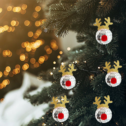 5 Pcs Christmas Silver Disco Mirror Ball With Rope Reflective Mirror Ball Hanging Bright Elk Horns Xmas Ball Ornament For Christmas Tree Birthday Wedding Party Dance Music Festivals Decor Supplies