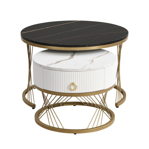 Elegant Nesting Coffee Table Marble Look Gold Decor,Side Table With Drawers  Set Of 2