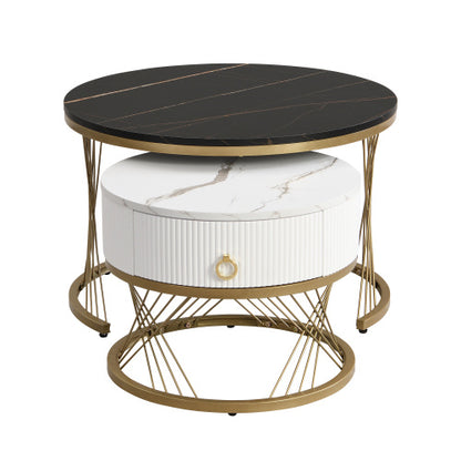 Elegant Nesting Coffee Table Marble Look Gold Decor,Side Table With Drawers  Set Of 2