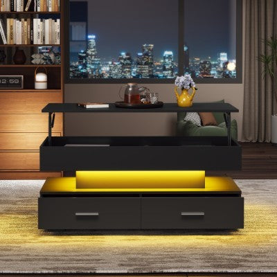 Hydraulic Lift Top Coffee Table, LED Coffee Tables With Storage For Living Room, Coffee Table With 2 Drawers & LED Light For Dining Reception Room, Black