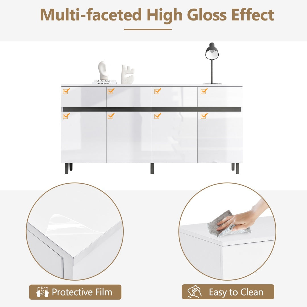 Storage Cabinet, Sideboard Buffet With 4 Drawers 4 Doors , Highboard Cabinet With Adjustable Shelves, Chest Of Drawers, Standing Cabinet, Cupboard Buffet For Living Room, Kitchen, 160X40X68cm, White