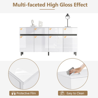 Storage Cabinet, Sideboard Buffet With 4 Drawers 4 Doors , Highboard Cabinet With Adjustable Shelves, Chest Of Drawers, Standing Cabinet, Cupboard Buffet For Living Room, Kitchen, 160X40X68cm, White