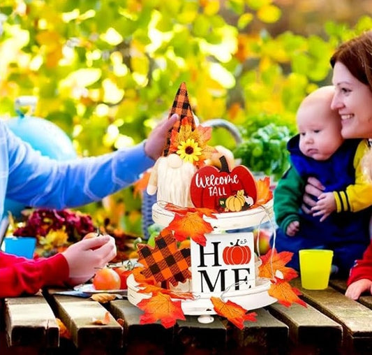 Fall Gnome Tiered Tray Decorations Set Farmhouse Pumpkin Decor Autumn Maple Leaf Table Centerpieces With Fall String Lights Thankgiving Day Fall Greeting Card Autumn Harvest Decorations