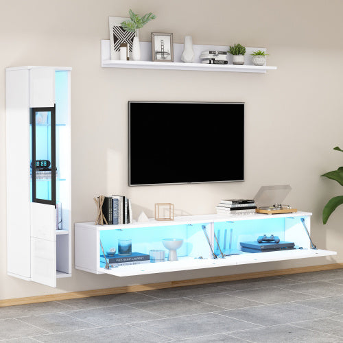 Set Of 3 TV Wall Unit, LED TV Stand, High Gloss TV Cabinet, White Living Room Furniture Sets Frontal Wall Unit, 1 X TV Cabinet, 1 X Living Room Display Cabinet, 1 X Hanging Shelf