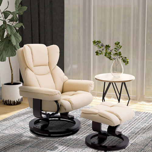 HOMCOM 360 Swivel Recliner Chair With Footstool, PU Leather Manual Recliner Armchair With Solid Wood Base, Upholstered Reclining Chair For Living Room, Bedroom, Office, Cream