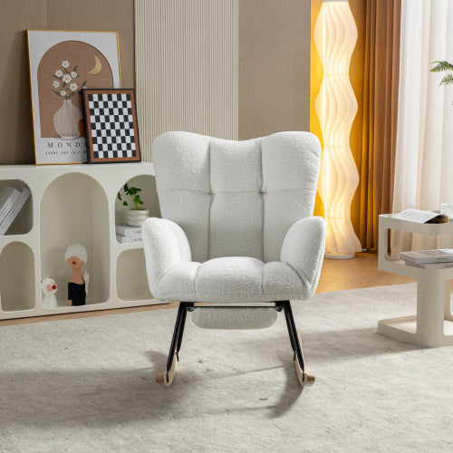 New Modern Teddy Fabric Tufted Upholstered Rocking Chair With Pull-out Footrest