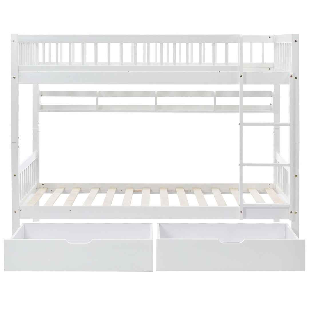 Bunk Bed, Kids Children, 3FT Solid Pine Wood Single Bed Frame & Under Bed Slide Drawer Storage, With Shelf, White 90x190cm