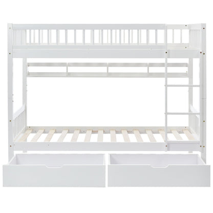 Bunk Bed, Kids Children, 3FT Solid Pine Wood Single Bed Frame & Under Bed Slide Drawer Storage, With Shelf, White 90x190cm
