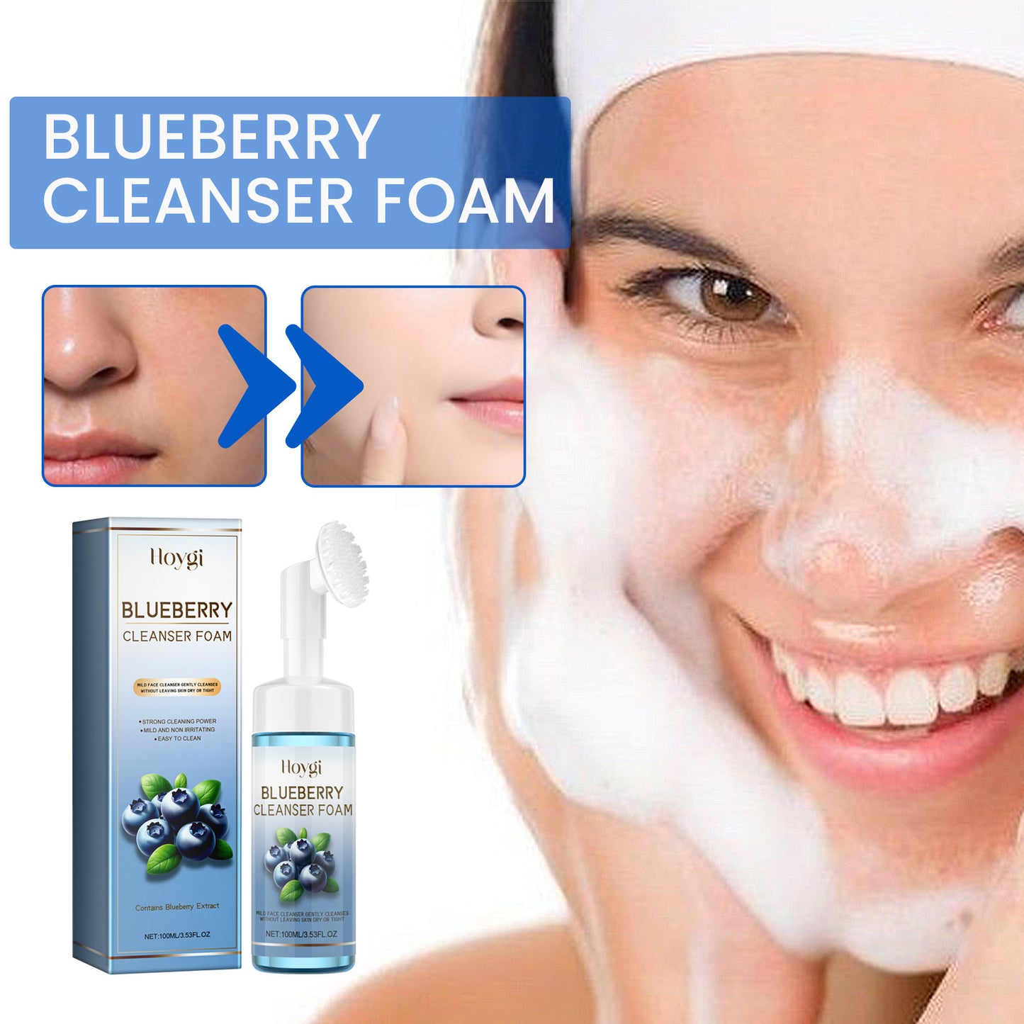 Horygi Blueberry Cleansing Mousse Brush Facial Foam Fragrance Squeeze Brightening Cleanse Turmeric  Facial  Cleanser Natural Exfoliating Renewal Serum