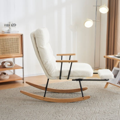 Rocking Chair, Boucle Fabric Tufted Rocking Chair, Armchair With Metal Legs And Wood Base, High Back Rocking Tub Chair With Comfortable Footrest And Adjustable Recliner For Living Room, Bedroom, White
